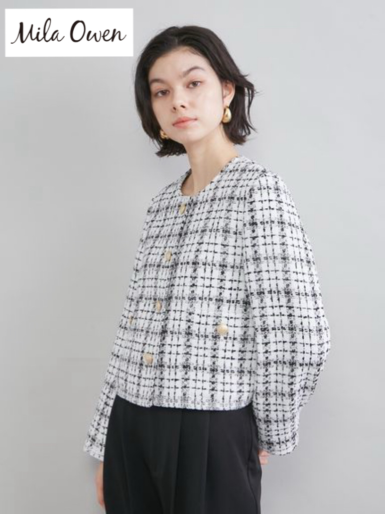 【MilaOwen】クロップド金釦コンパクトツイードジャケット